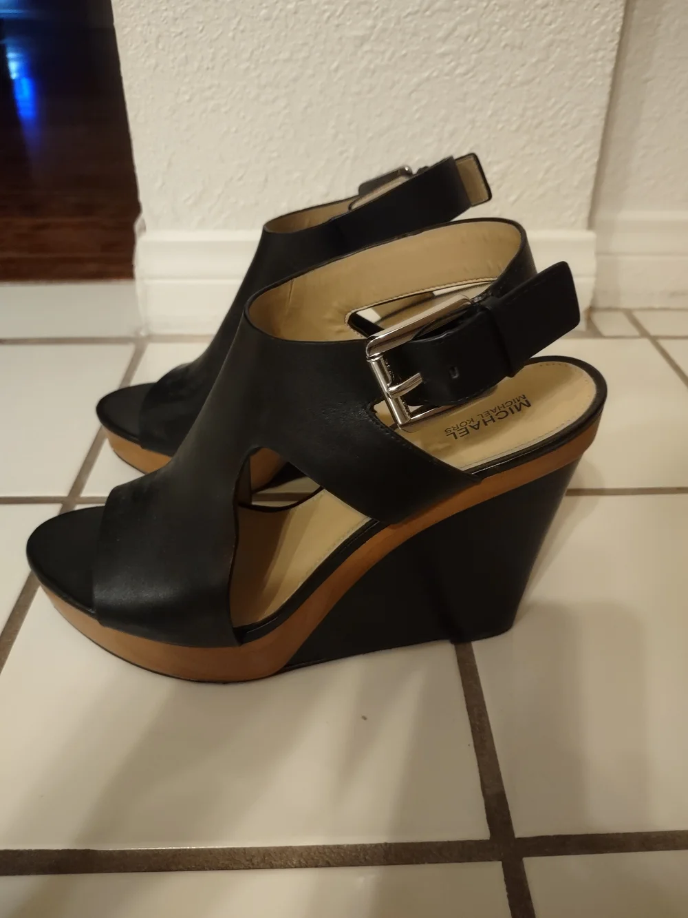 Micheal Kors Women’s Black Open-Toe Platform Sandals with Ankle Buckle